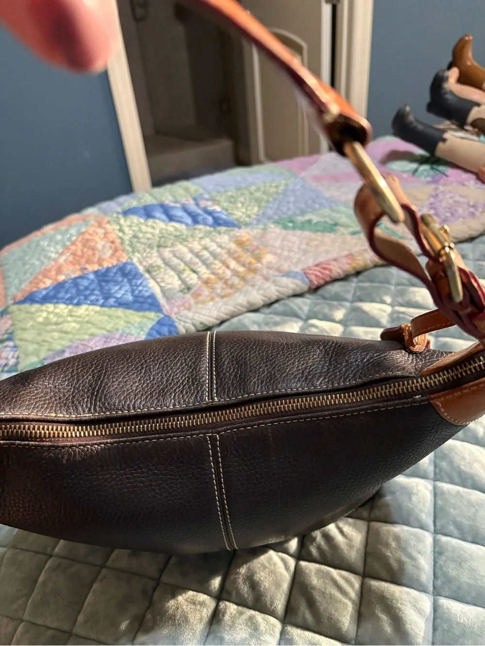 Dooney & Bourke Dark Brown Leather Cosmetic Pouch with Tan Trim